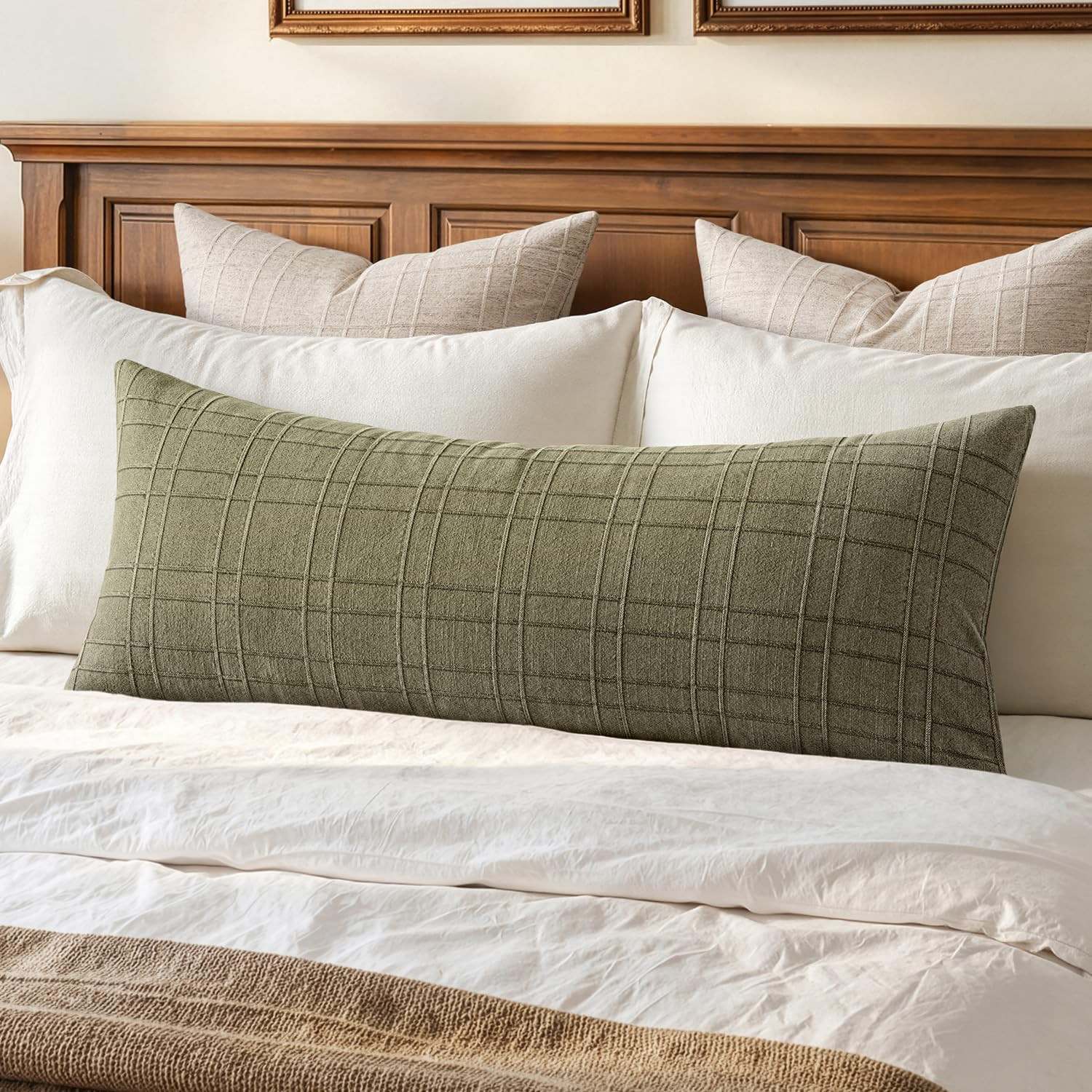 MIULEE Long Lumbar Throw Pillow Cover 14x36 Soft Linen Check Decorative Pillowcase Pack of 1 Vintage Farmhouse Textured Accent Cushion Cover for Sofa Couch Bedroom Living Room, Sage Green | Amazon (US)
