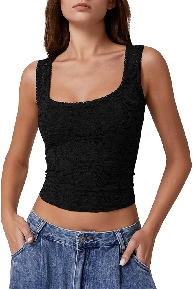 QINSEN Womens Lace Trim Square Neck Sleeveless Tank Tops Double-Layer Slim Fit T Shirt Crop Tops | Amazon (US)