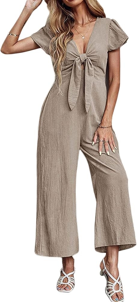 Loveimgs Women's Short Sleeve Cotton Linen Wide Leg Jumpsuit Tie Knot Cropped Palazzo Pants Romper | Amazon (US)