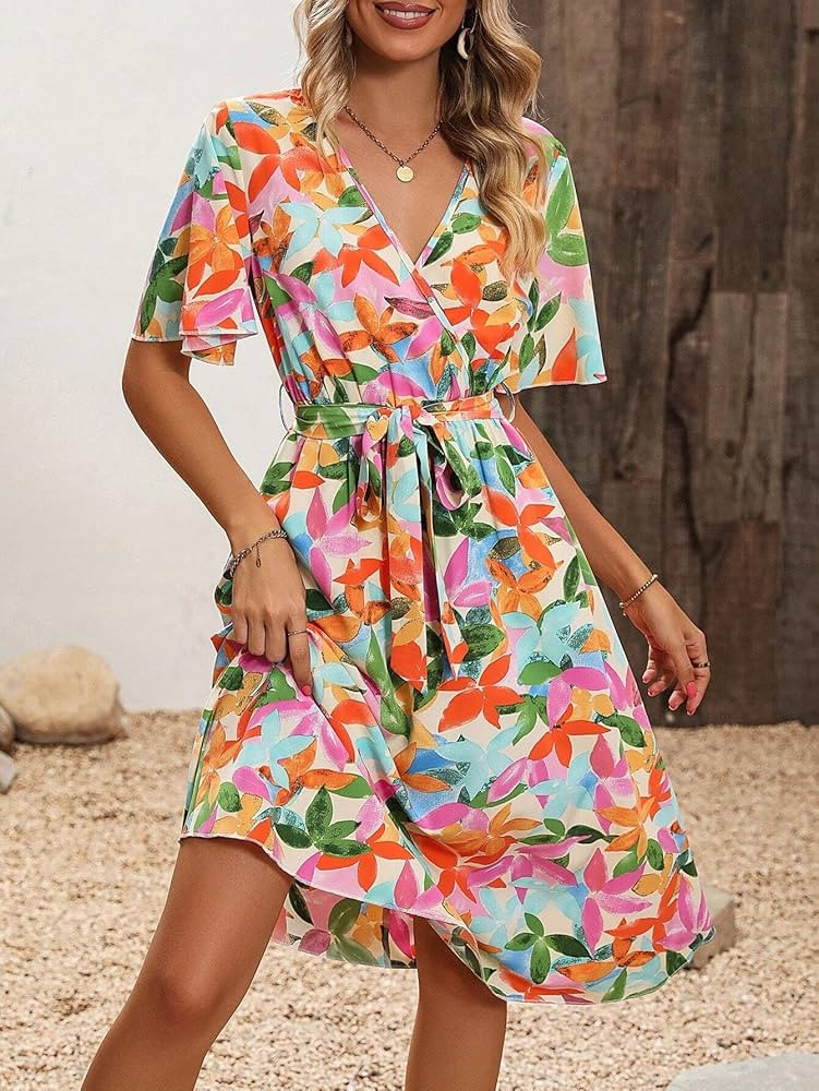 Women's Dresses Allover Print Butterfly Sleeve Belted Dress Dress for Women (Color : Apricot, Siz... | Amazon (US)