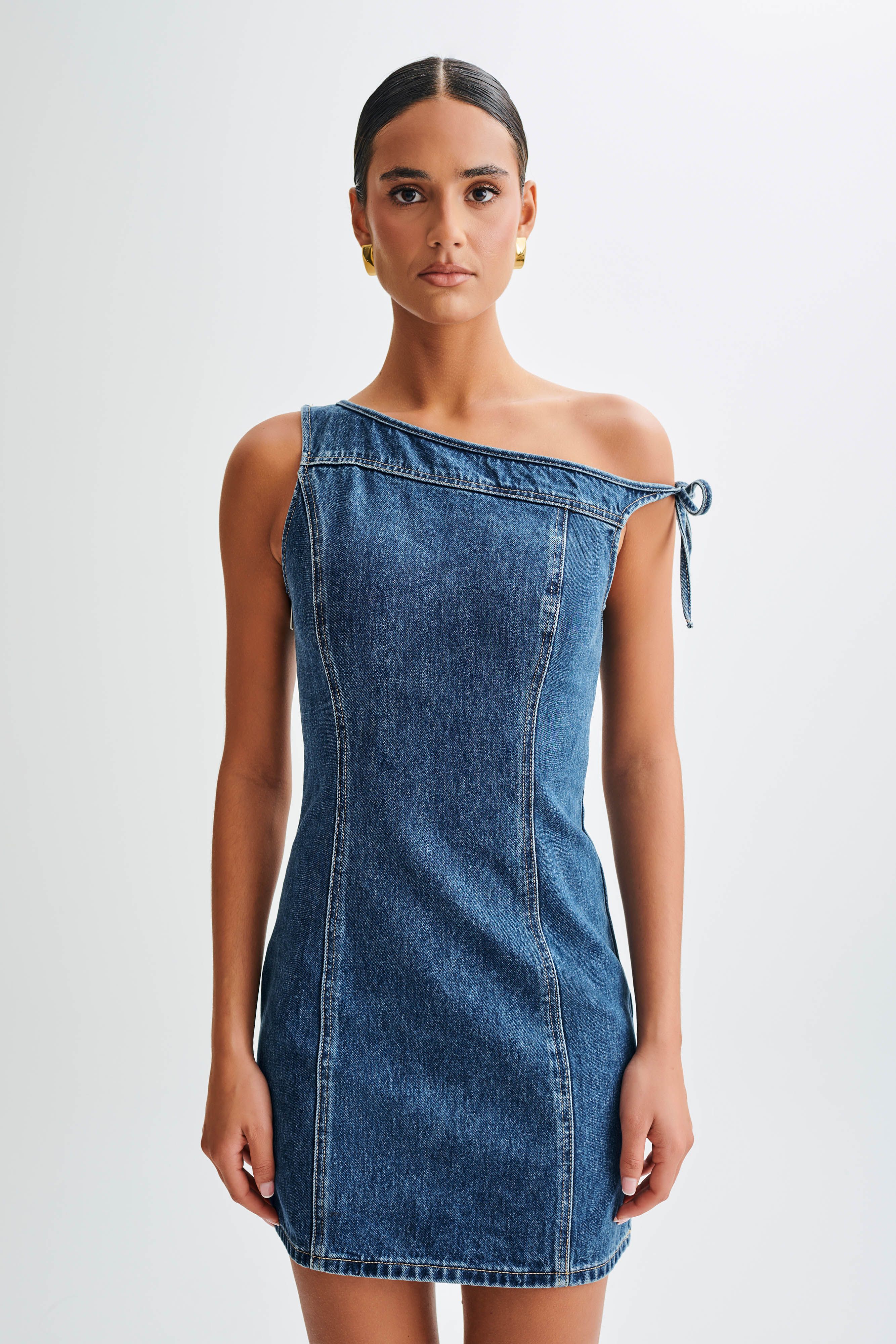 Baker Off Shoulder Denim Mini Dress - Dark Blue | MESHKI US