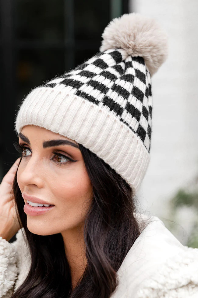 Black and Cream Checkered Beanie | Pink Lily