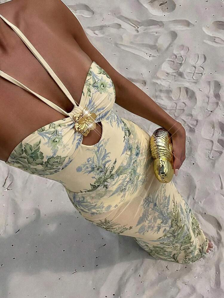 Sirith 2pcs Women's New Positioning Print Halter Neck One-Piece Swimsuit With Long Mesh Skirt, Sexy Elegant Resort Minimalist Party One-Piece Swimsuit | SHEIN