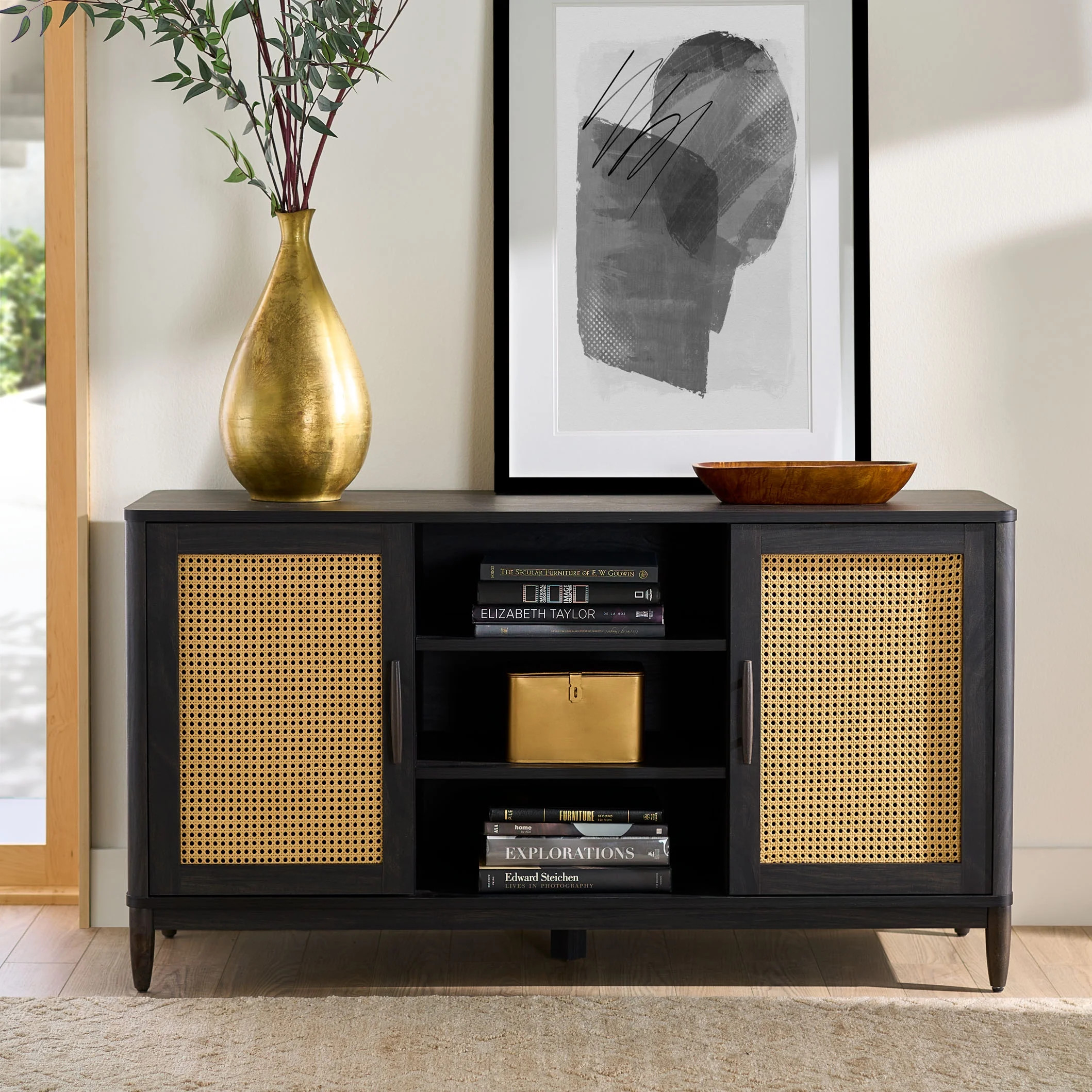 Better Homes & Gardens Springwood Cane TV Stand for TV's up to 65", Charcoal Finish | Walmart (US)