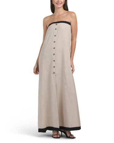Linen Blend Strapless Contrast Trim Maxi Dress With Buttons | TJ Maxx