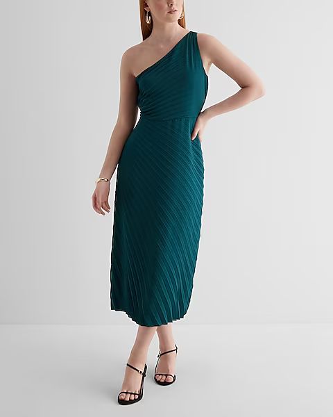 Satin One Shoulder Pleated Midi Dress | Express