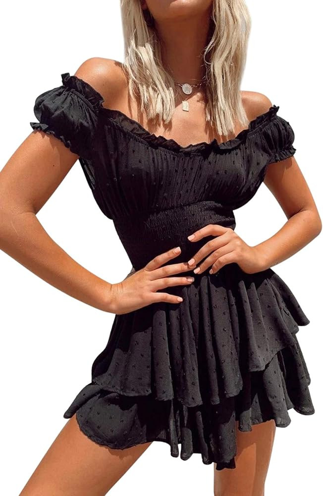 R.Vivimos Women's Summer Cotton Puff Sleeves Layered Ruffles Casual Boho Swing Mini Dresses | Amazon (US)