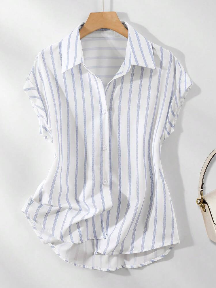 This Casual And Fashionable Women's Striped Polyester Shirt Features A Button-Up Collar, Short Ba... | SHEIN