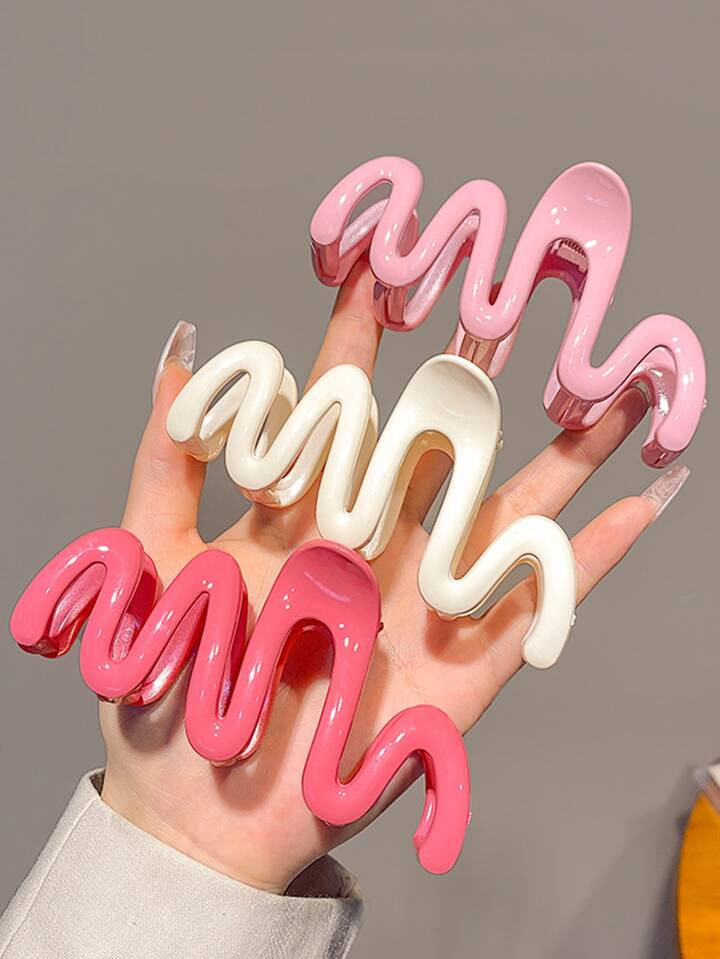 3pcs Ladies' Candy/Gradient Color, Wave Shaped, Solid Color Hair Claw Clip For Daily And Bathing ... | SHEIN