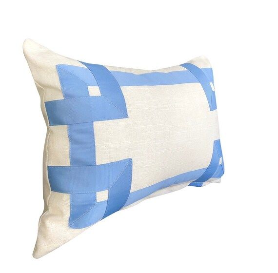 Italian Designer off white Linen Pillow Cover french blue Greek key Fret Gros Grain ribbon trim c... | Etsy (US)