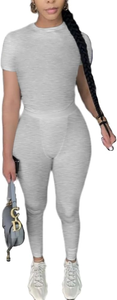 AYWA Two Piece Outfits for Women Fitted Crew Neck T-shirt High Waist Leggings Biker Shorts Matchi... | Amazon (US)