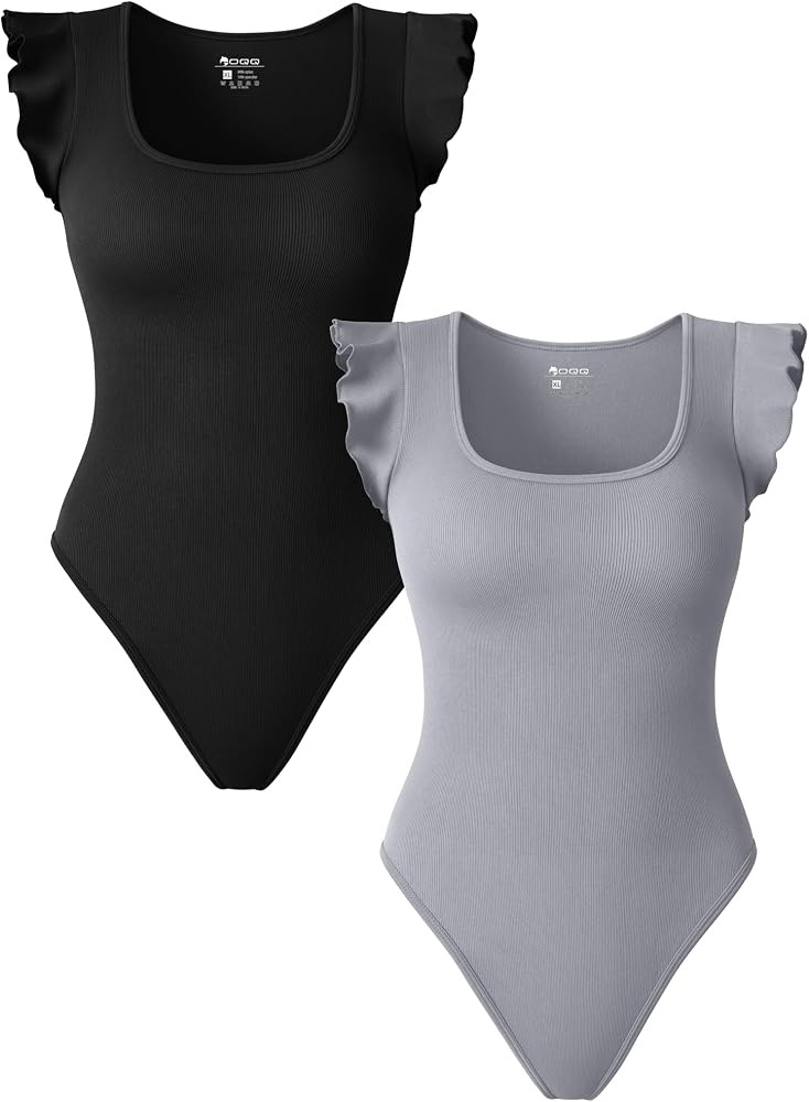 OQQ Women 2 Piece Bodysuits Sexy Ribbed Square Neck Ruffles Sleeve Stretch Fit Basic Tank Tops Bo... | Amazon (US)