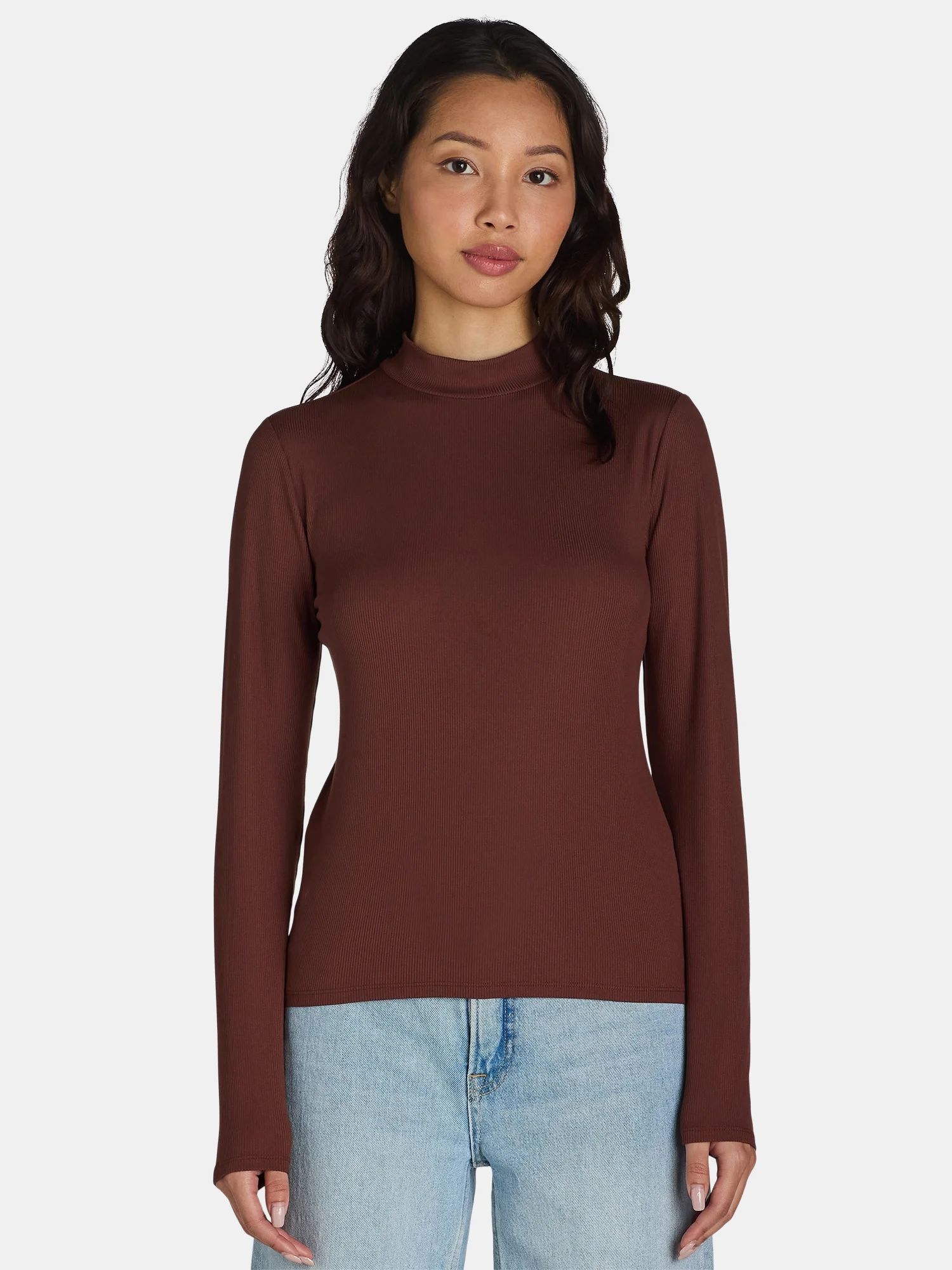 No Boundaries Ribbed Mock Neck Top with Long Sleeves, Women’s and Women’s Plus | Walmart (US)