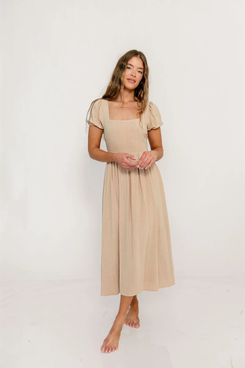 August Open Back Midi Dress in Taupe - Bump Friendly | Worth Collective