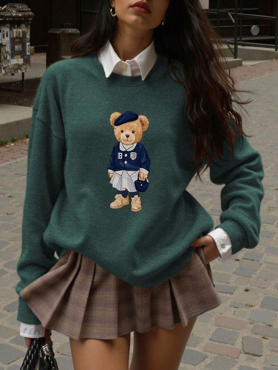 Cute Teddy Bear Print Warm Knitted Top, Autumn/Winter Round Neck Patterned Pullover, Soft Fabric, Outerwear, Summer Top, Vacation, Travel Wear, Beach Style, Minimalist Resort Casual | SHEIN