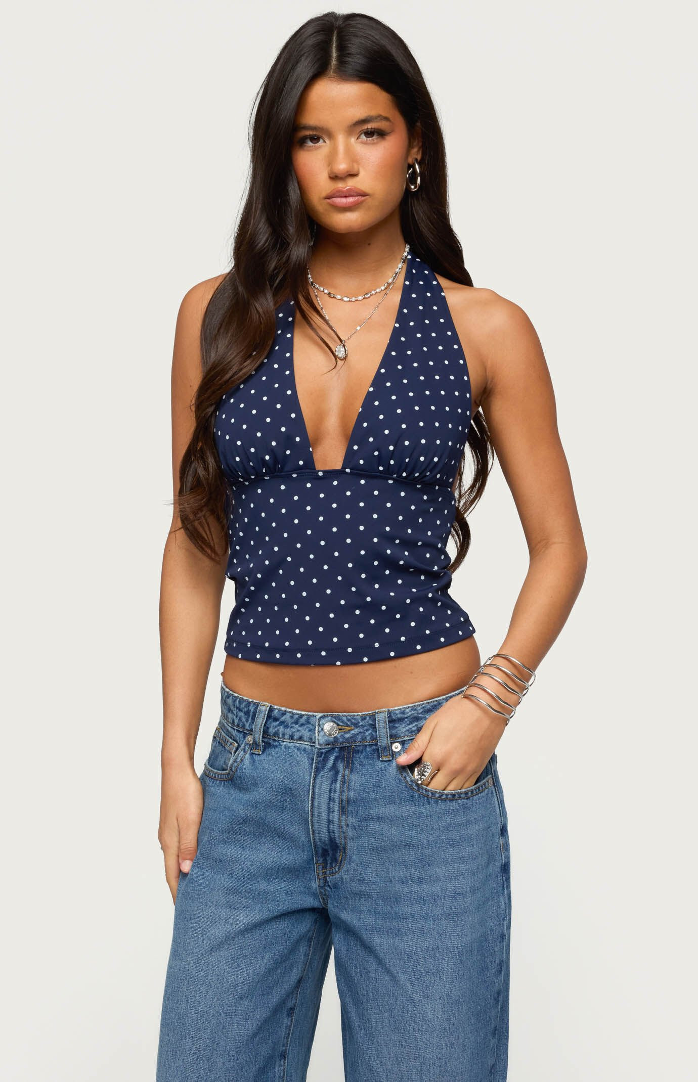 Edikted Women's Blaire Polka Dot Halter Top in Navy/White - Size Medium | PacSun