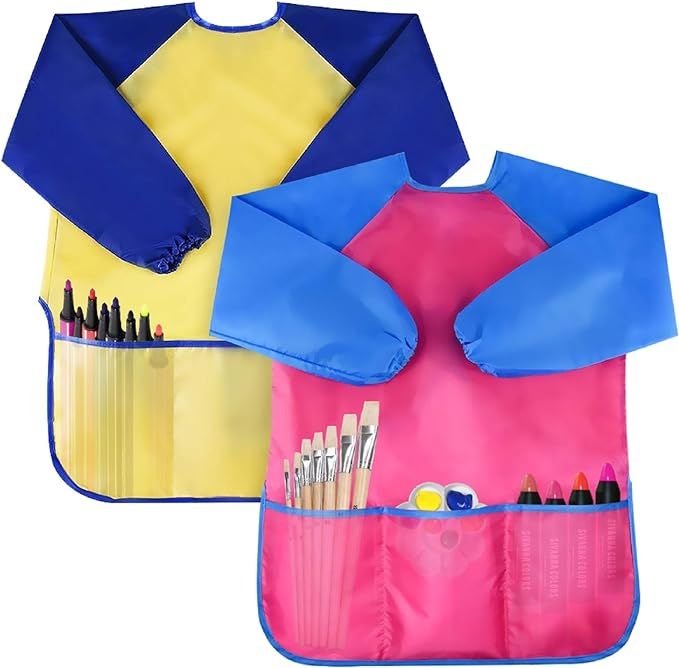Bassion 2 Pack Kids Art Smocks Toddler Smock Waterproof Artist Painting Aprons Long Sleeve with 3... | Amazon (US)