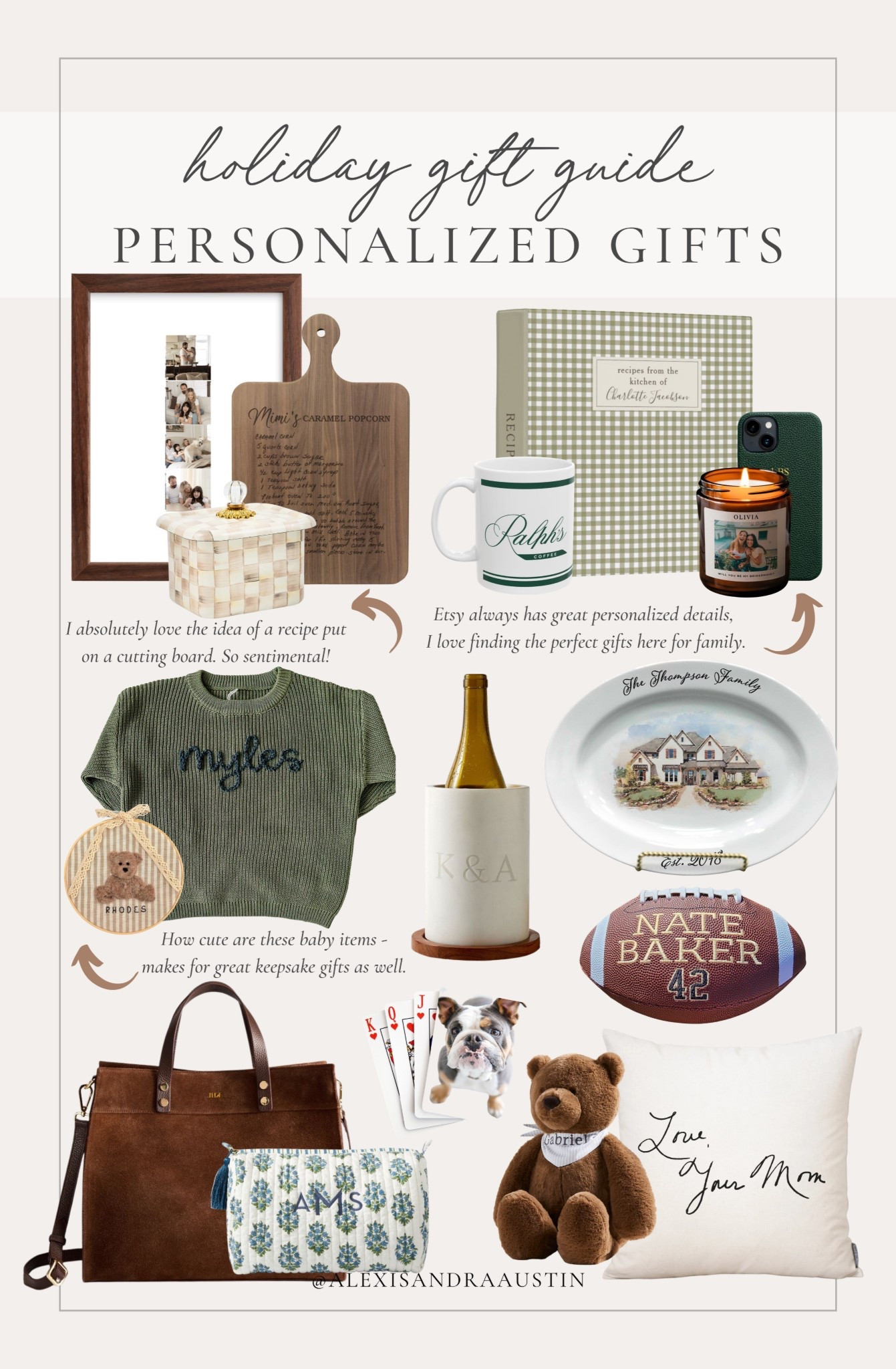 Personalized holiday gift guide! Loving these finds for a sentimental touch or for those that are hard to shop for.

Holiday gift guide, personalized gifts, recipe board, custom art, recipe book, custom candle, wine chiller, baby jumper, personalized football, neutral bag, playing cards, stuffed bear, Etsy, custom made gifts, shop the look!#LTKStyleTip 

#LTKHoliday #LTKGiftGuide