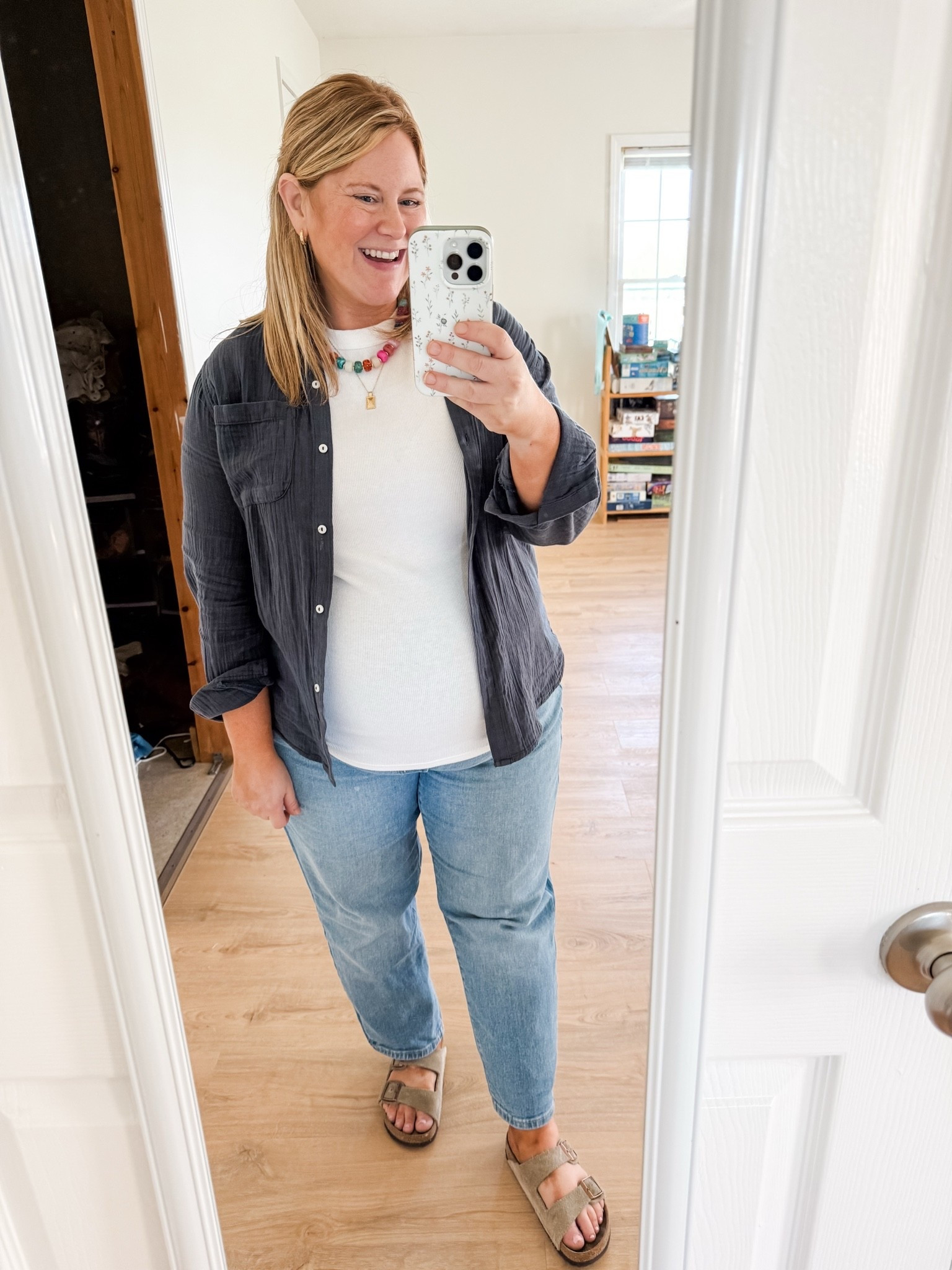 Teacher outfit.  Wearing an XL maternity in my tee (also linked the non maternity version) and a large in my gauze button down. My jeans are a 14 maternity and sold out in this wash but linked the other washes (OG straight style).

#LTKBump #LTKMidsize #LTKPetite