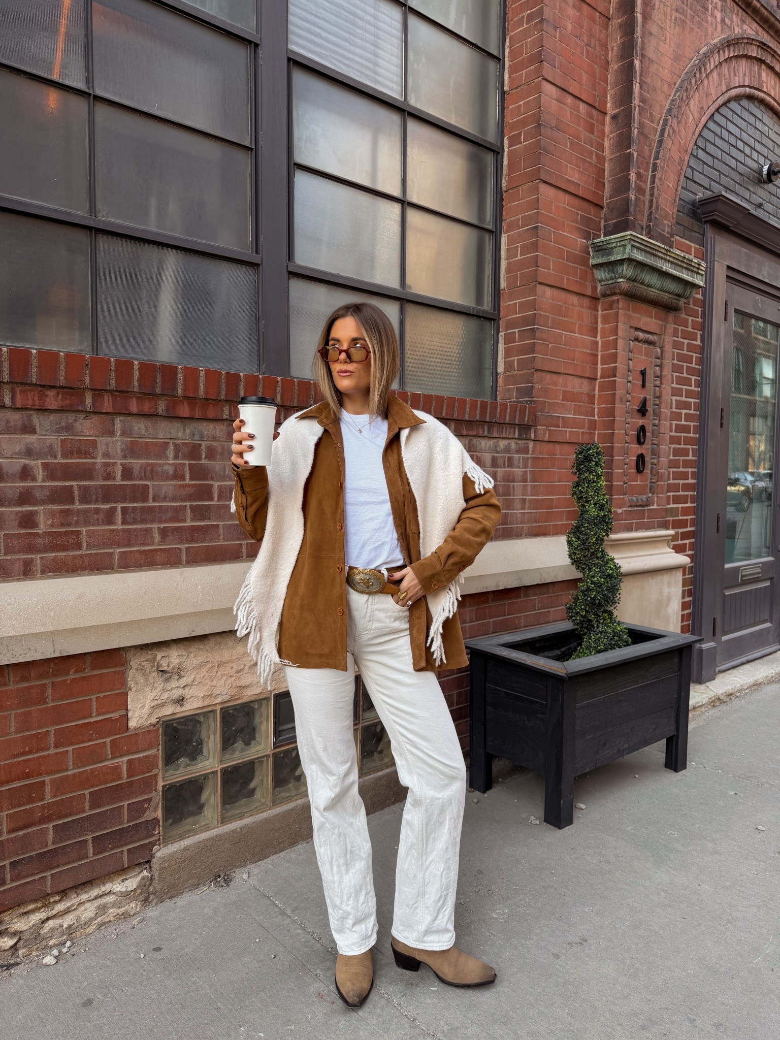 100% suede top in a small, tee in a small, belt is a vintage find, linked similar on ebay! fringe scarf from amazon, size down half size in tecovas. my jeans are almost sold out, but linked the blue denim version! 

#LTKTall #LTKSeasonal #LTKFestival