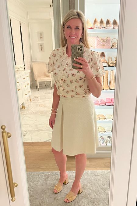 Summer outfit floral top white skirt Gucci shoes 

#LTKshoecrush #LTKSeasonal #LTKstyletip
