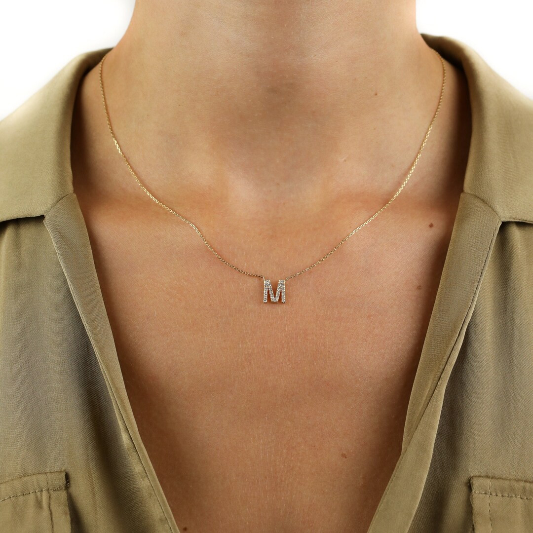 14K Solid Gold Diamond Initial Necklace - Push Present for Wife - Etsy | Etsy (US)