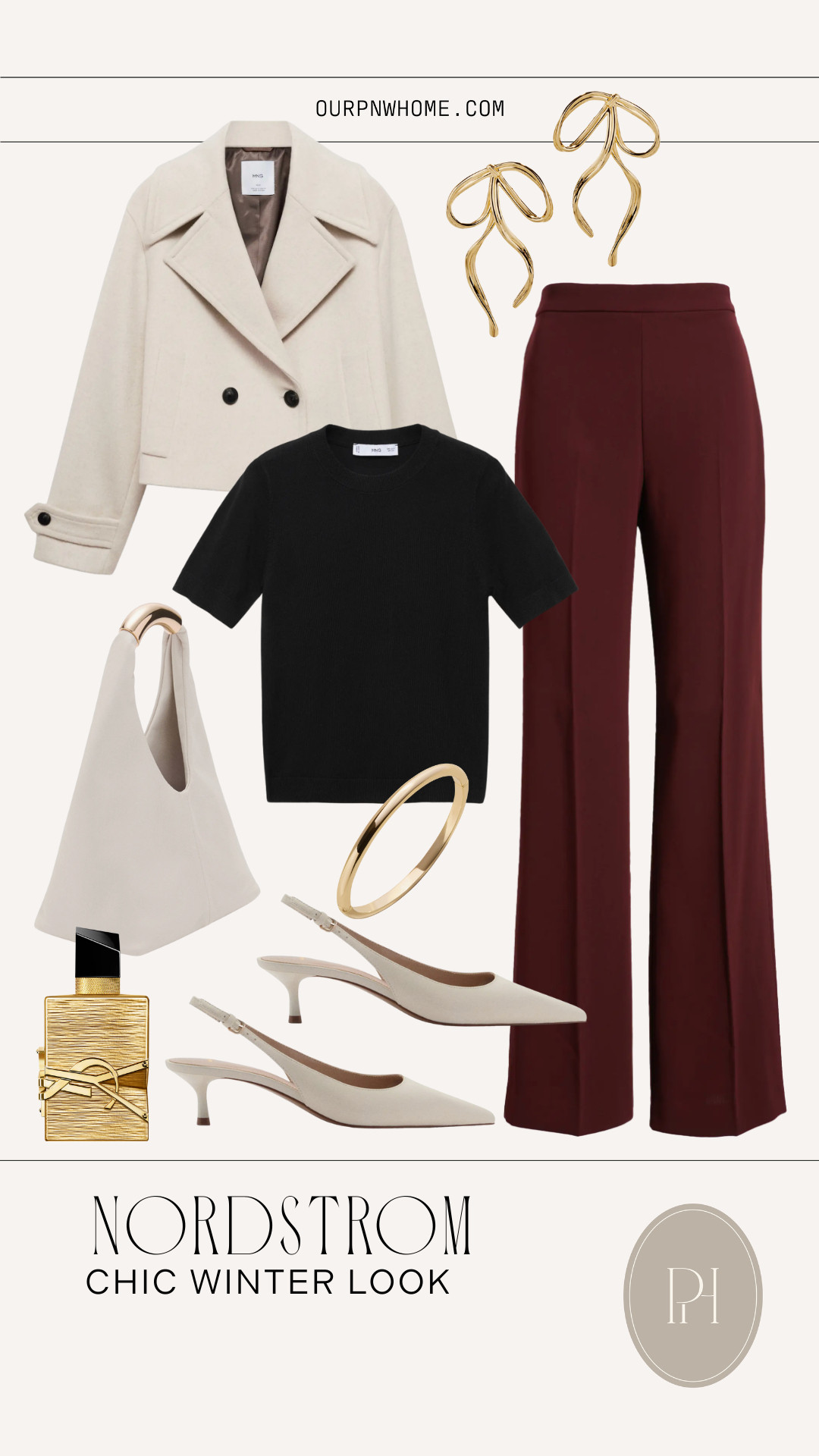 Loving these Nordstrom finds for a chic winter look!

burgundy pants, burgundy trousers, maroon pants, workwear, holiday party look, black top, sweater tee, off white cropped trench coat, white coat, dressy casual look, women's fragrance, perfume, white handbag, white kitten heels, white sling backs, bow earrings, gold bangle bracelet 

 #LTKStyleTip #LTKShoeCrush #LTKItBag