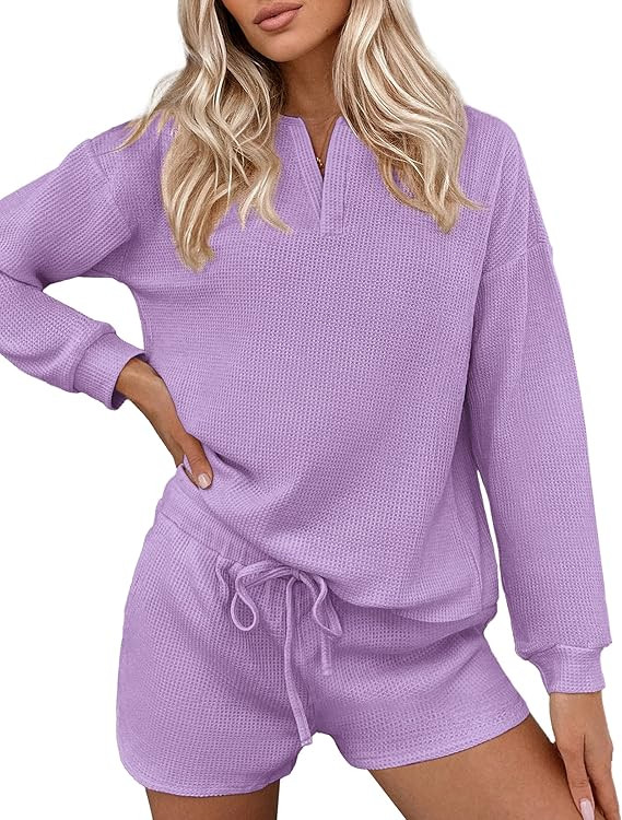 Ekouaer Pajamas Womens Waffle Knit Lounge Set Long Sleeve Top and Shorts 2 Piece Loungewear Outfi... | Amazon (US)