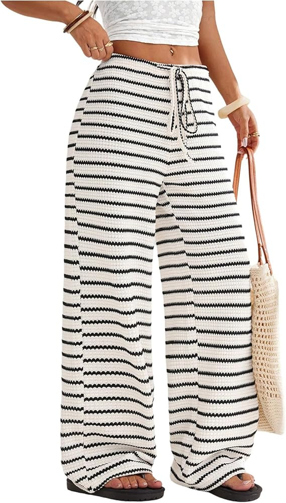 SweatyRocks Women's Striped Drawstring Wide Leg Pants Casual Loose Knitted Long Trousers Fall Out... | Amazon (US)