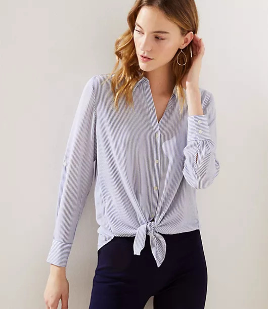 LOFT Striped Tie Hem Utility Blouse | LOFT