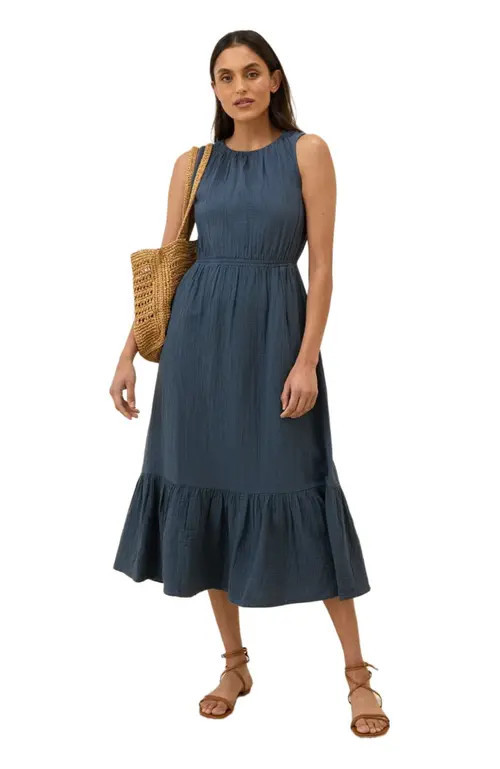 Pact Organic Cotton Coastal Double Gauze Tiered Midi Dress in French Navy at Nordstrom, Size Medium | Nordstrom