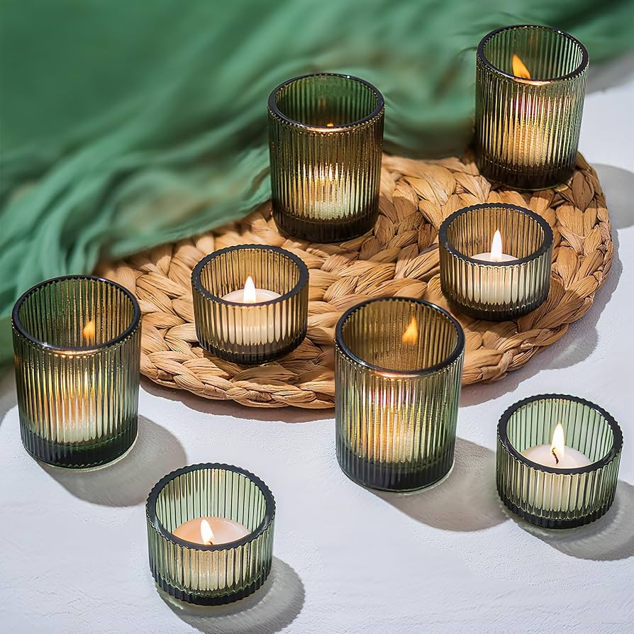 Glasseam Glass Votive Candle Holders: 8 PCS Ribbed Green Tea Lights Candle Holder Set Vintage Sma... | Amazon (US)