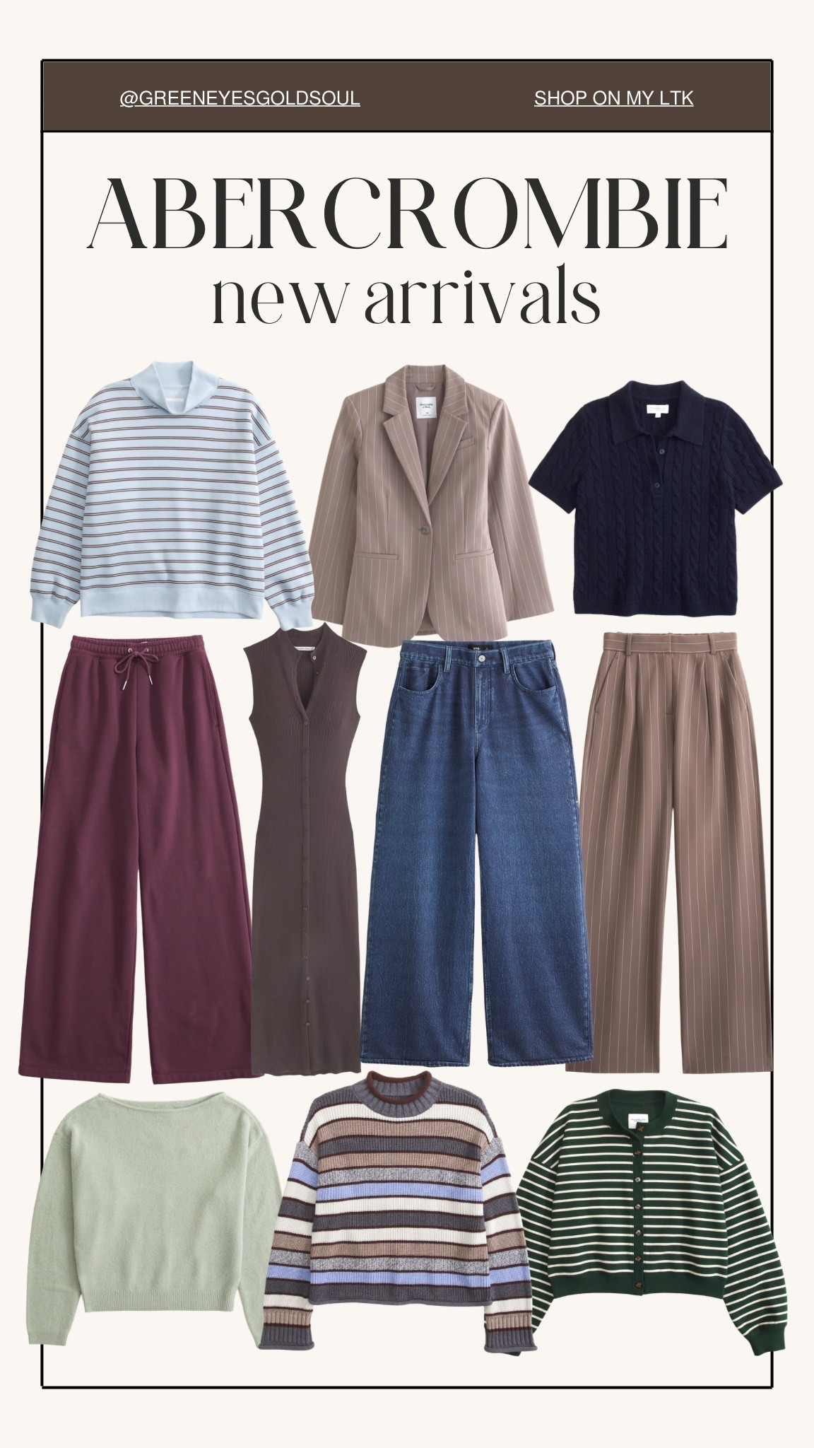 Abercrombie new arrivals are SO good for fall 🍂🤎 Striped knits, wide leg denim, tailored trousers, cozy sweaters and polished layers in the prettiest fall colors. These are easy pieces to mix and match for work, weekends and everyday fall outfits!

Abercrombie new arrivals, Abercrombie fall fashion, Abercrombie fall outfits, Abercrombie clothing, fall outfits for women, fall fashion 2026, fall wardrobe, fall capsule wardrobe, fall sweaters, striped sweater, striped cardigan, wide leg jeans, fall denim, tailored trousers, pinstripe trousers, fall blazer, sweater dress, knit polo, business casual outfits, fall workwear, casual fall outfits, preppy fall style, women’s fall fashion

 #Abercrombie #AbercrombieStyle #FallFashion #FallOutfits #FallStyle #FallWardrobe

#LTKootd #LTKSeasonal #LTKWorkwear