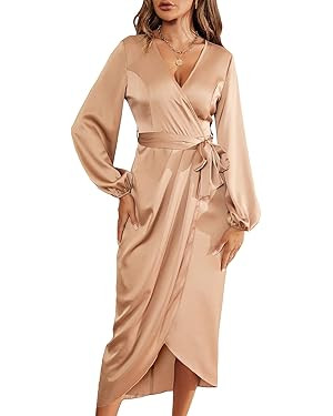 MakeMeChic Women's Elegant Long Lantern Sleeve Wrap Knot Side V Neck Satin Midi Dress | Amazon (US)