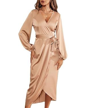 MakeMeChic Women's Elegant Long Lantern Sleeve Wrap Knot Side V Neck Satin Midi Dress | Amazon (US)