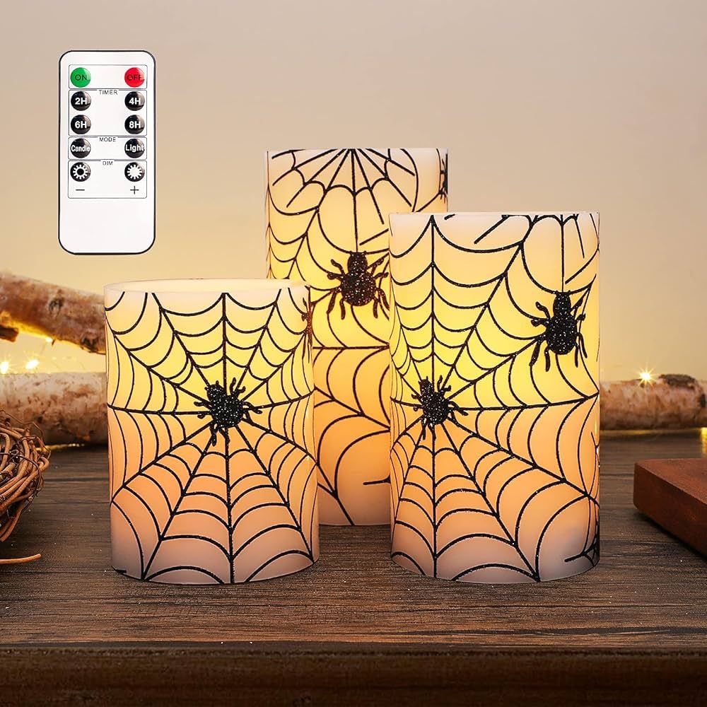 REVELBUNNY Halloween Flameless Candles, Spider Web Decal LED Flickering Candles with Remote Timer... | Amazon (US)