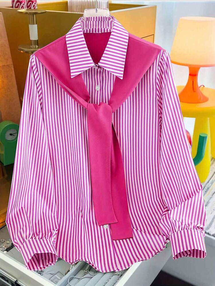 Plus Size Women Casual Twist, Print & Striped Button Down Shirt
Details
 | SHEIN