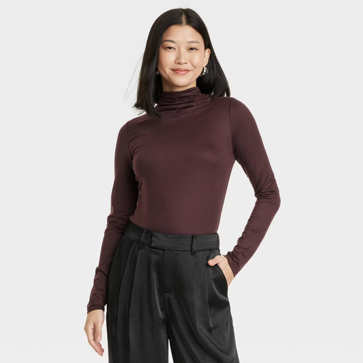 Women's Ruched Mock Turtleneck Long Sleeve T-Shirt - A New Day™ | Target