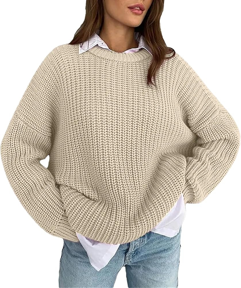 Women Solid Color Loose Crewneck Long Bat Sleeve Jumper Classic Thick Knitted Casual Sweater | Amazon (US)