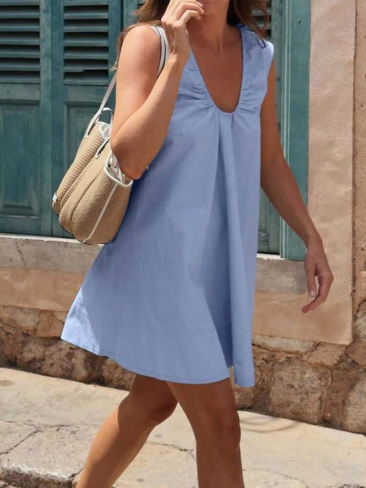 Breezaya Women's V-Neck Ruched Sleeveless Solid Color Dress, Summer | SHEIN