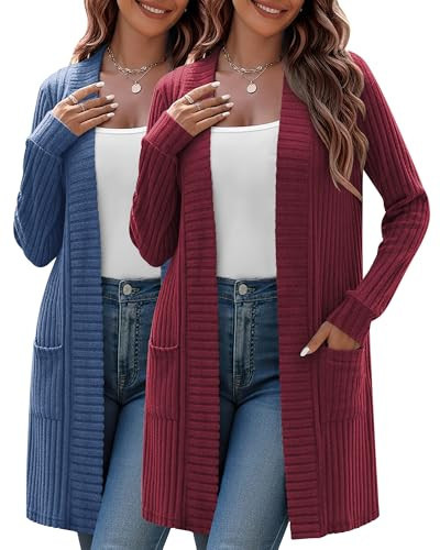 Huukeay 2 Pack Women's Plus Size Cardigans, Long Sleeves Knit Outerwear Coats Open Front Casual Winter Sweaters with Pockets (Navy Blue, Wine Red,5X-Large) | Amazon (US)