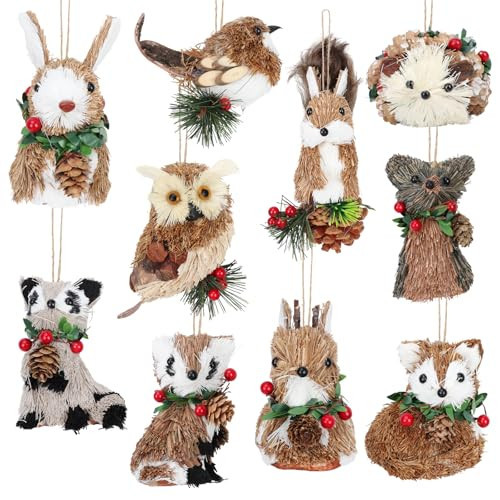 Zealor 10 Pack Sisal Woodland Animals Christmas Ornament, Christmas Tree Ornaments with Natural Sisal Straw Forest Animals Deer, Rabbit, Squirrel, Fox, Rustic & Wood Decor for Home Xmas Theme Decor | Amazon (US)