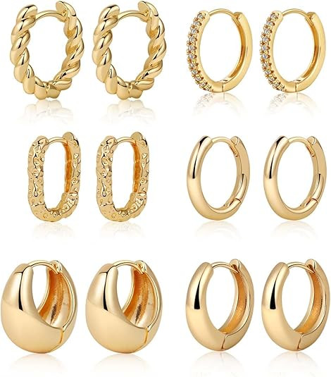 6 Pairs 14K Gold Hoop Earrings for Women,Chunky Hoop Earrings Multipack Hypoallergenic,Lightweigh... | Amazon (US)