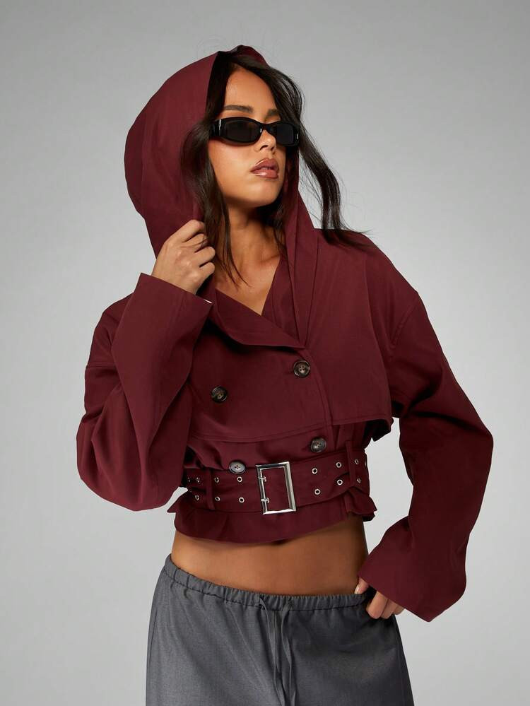 MISSGUIDED Double Breasted Hooded Trench Coat With Eyelet Belt Cropped Length Burgundy Fall Winter Fashion Statement Piece Outerwear Modern Contemporary Design | SHEIN
