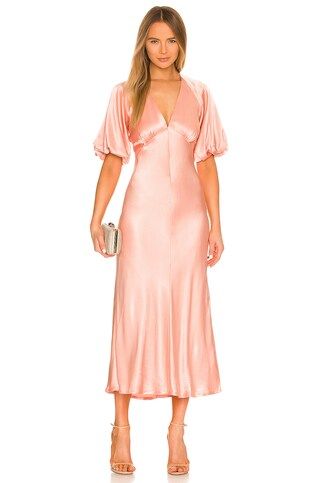 Bardot Everleigh Satin Midi Dress in Copper from Revolve.com | Revolve Clothing (Global)