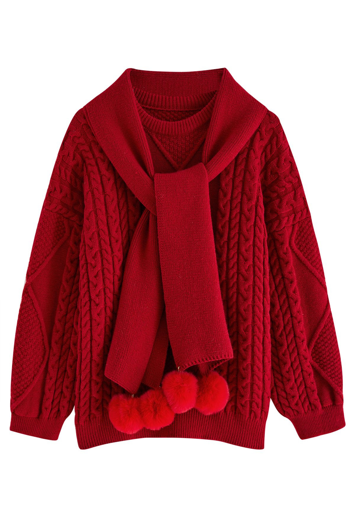 Geflochtener Strickpullover mit Pom-Pom-Schal in Rot | Chicwish