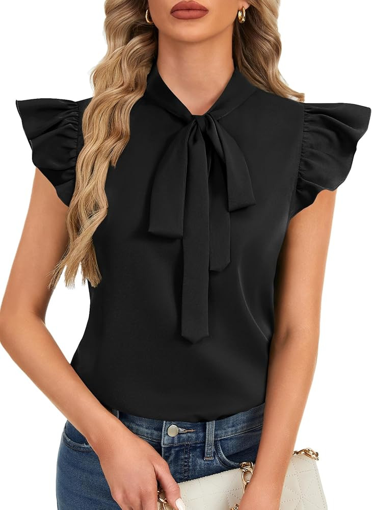 Rooscier Women's Bow Tie Neck Ruffle Cap Sleeve Elegant Office Blouse Shirt Tops | Amazon (US)