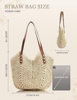 Beach Bags for Women with Zipper, Large Straw Bag Woven Tote Bag Straw Shoulder Bag for Summer Vo... | Amazon (US)
