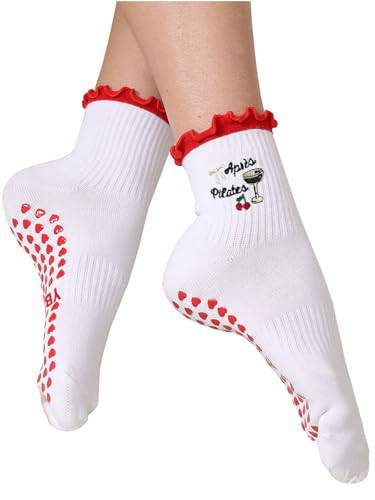 Women's Cute Grip Pilates Socks Non-Slip Yoga Ballet Socks with Ruffle Cuff & Embroidery | Amazon (US)