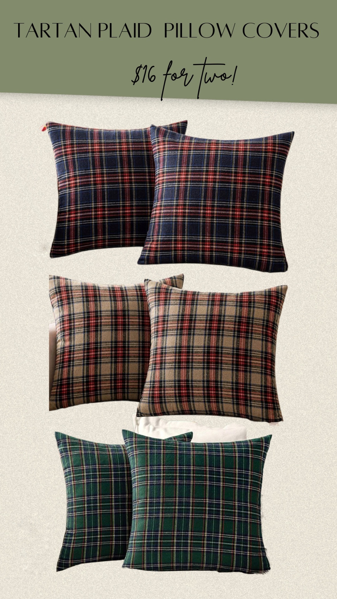 
Such a good deal!
Tartan plaid pillow covers-$16 for 2! Use your favorite insert!
#LTKSeasonal
#LTKHolidaySale
#LTKhome